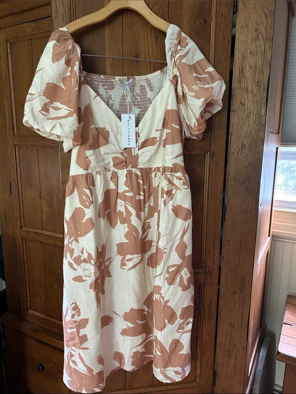 Baltic Born Cream and Tan Floral Smocked Back Midi Dress brand new with tags
